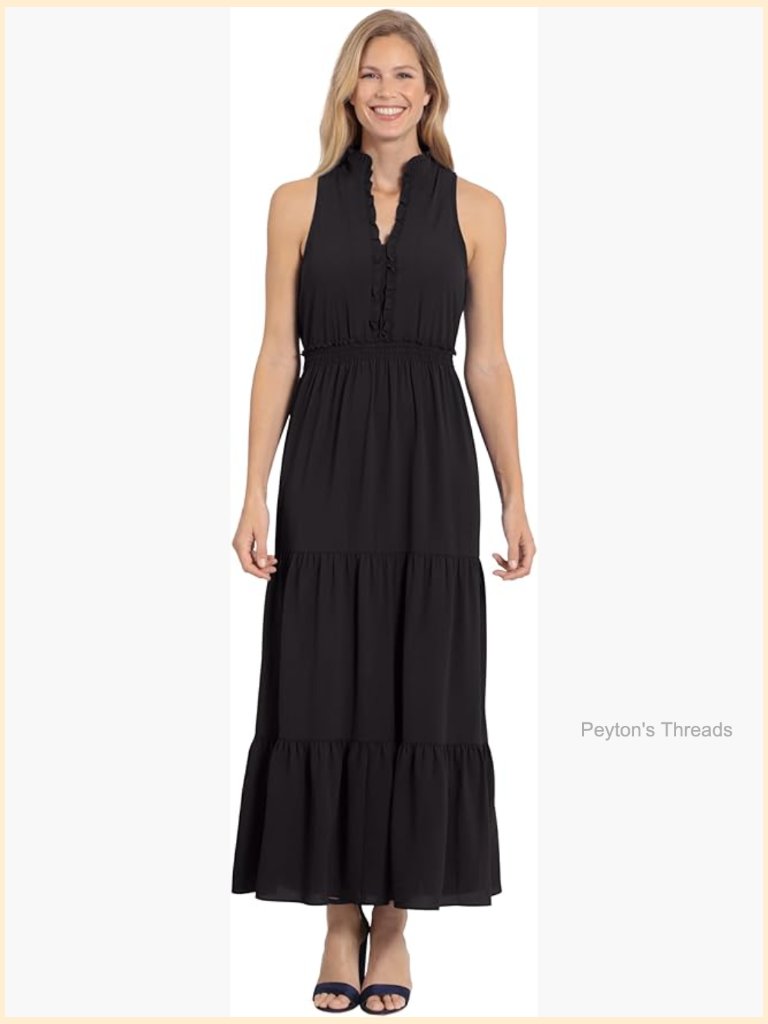 Smocked Waist Ruffle Neckline Maxi Dress - Sleeveless Pull On